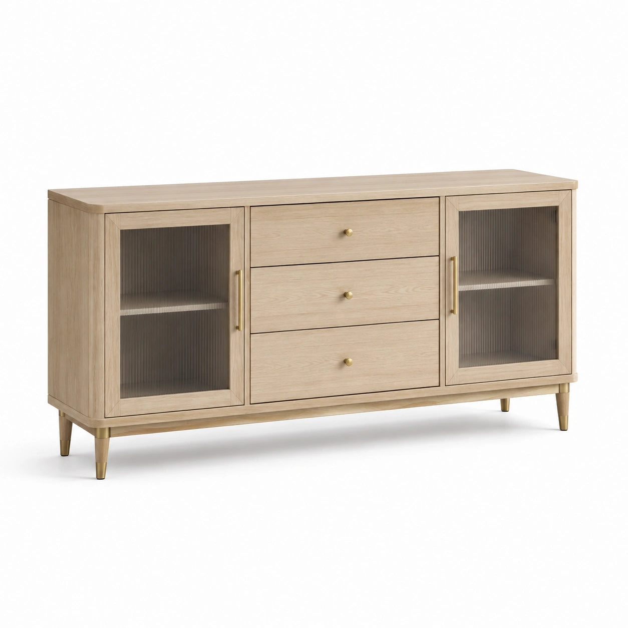Aparador de Madera con Puertas de Vidrio y Cajones, 180x75x45cm, Natural