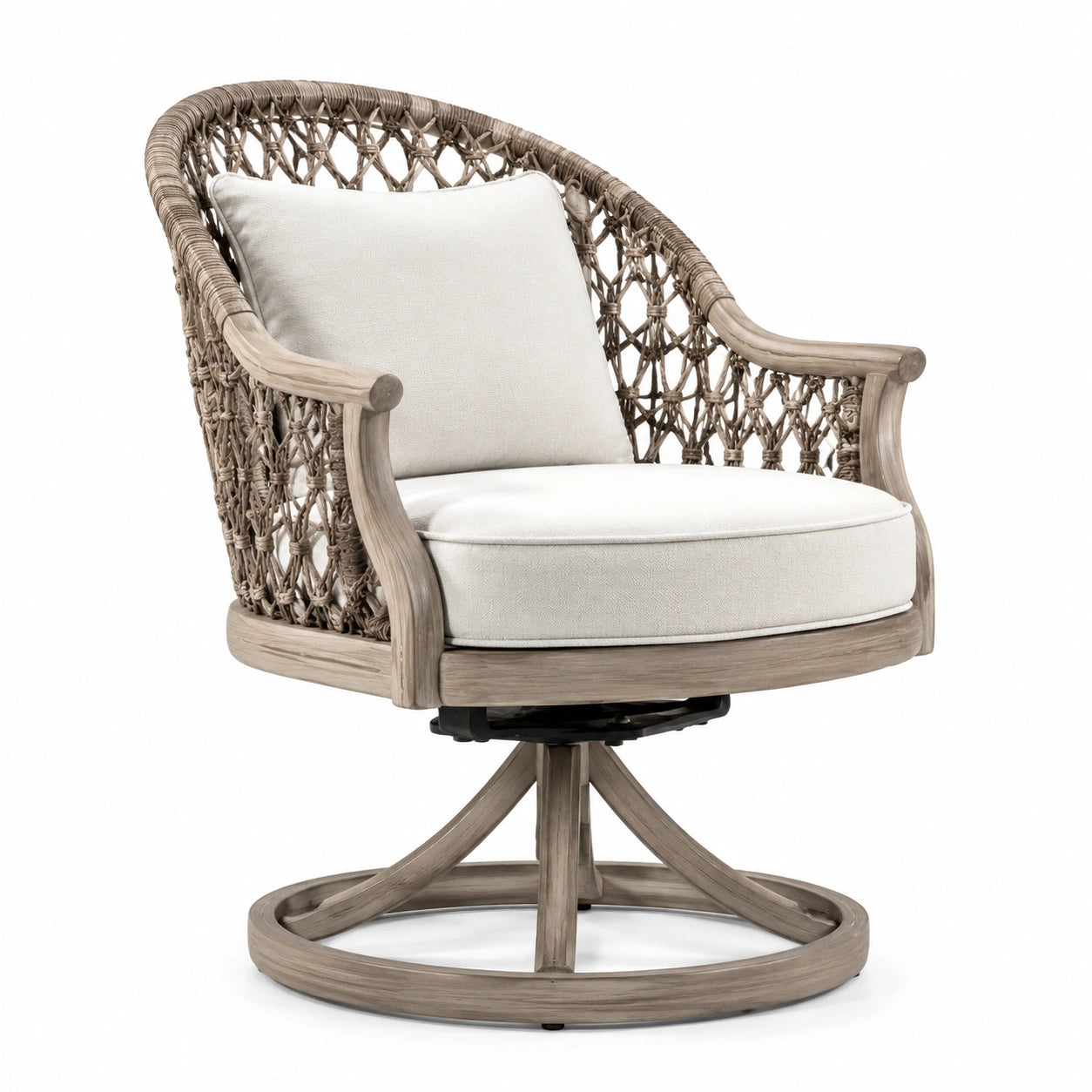 Sillón giratorio de ratán sintético con cojín beige y base de madera de acacia