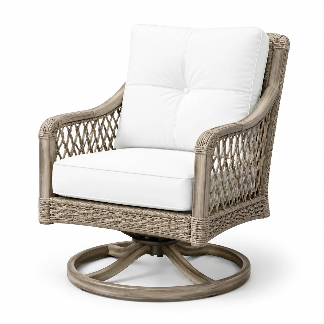 Sillón giratorio de mimbre con cojines de poliéster blancos