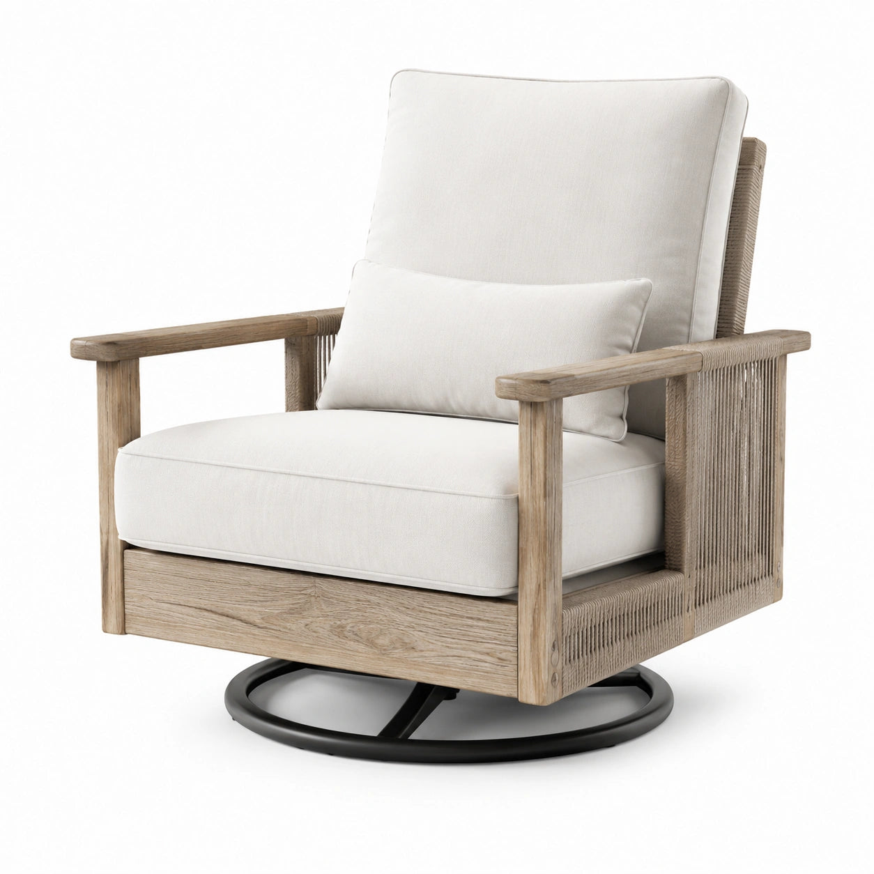 Sillón giratorio de madera de teca con cojín crema