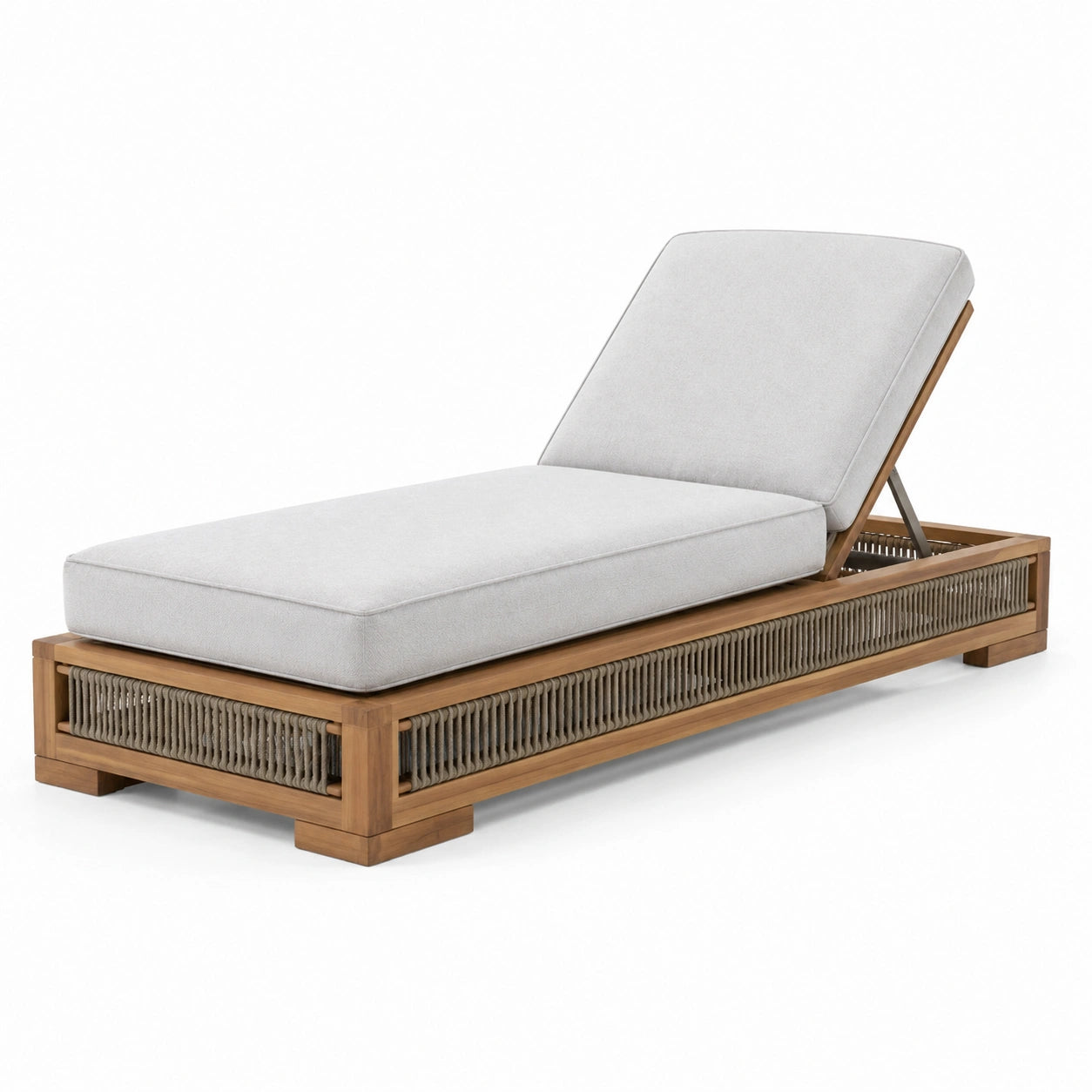 Tumbona de madera y cuerda con cojines grises