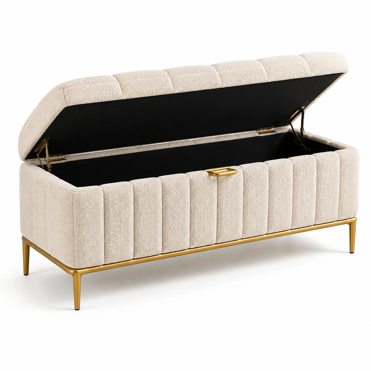 Banco de almacenamiento tapizado de tela beige con patas de metal dorado 120cm