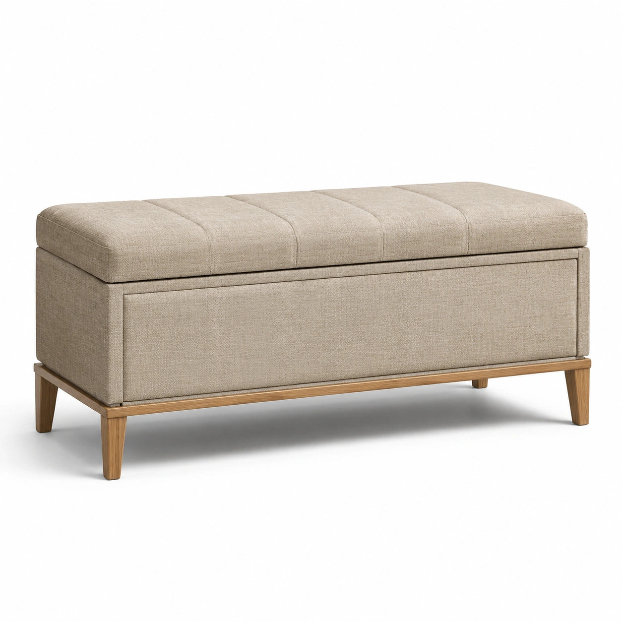 Banco de almacenamiento de lino beige con patas de madera