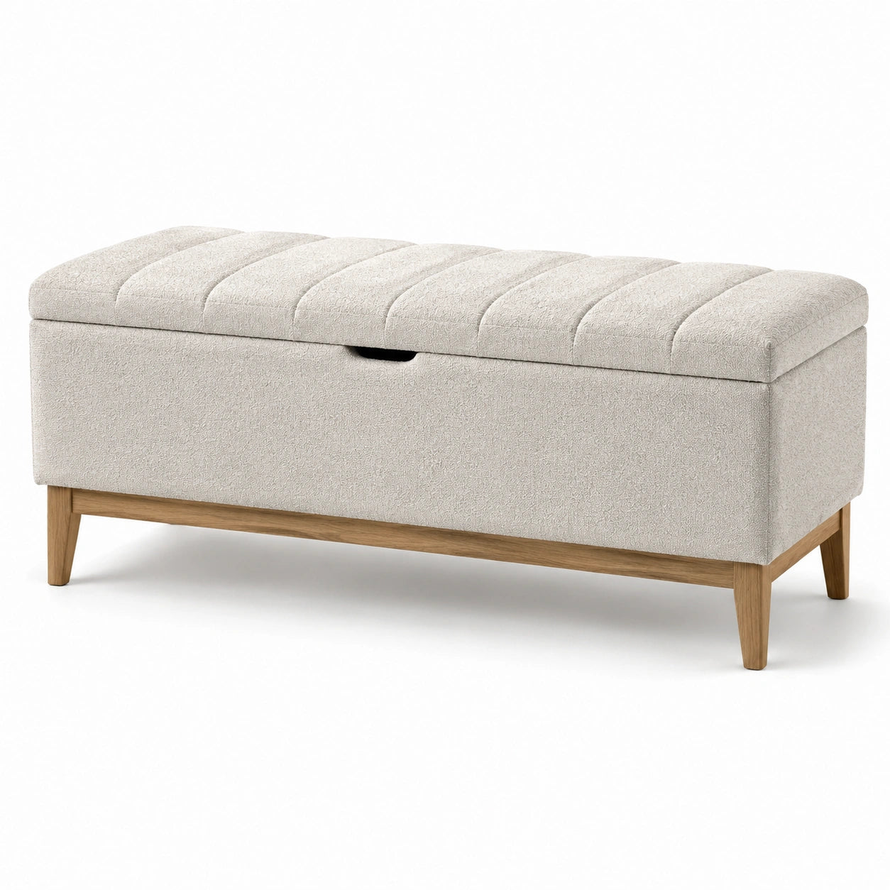 Banco de almacenamiento de tela beige con patas de madera