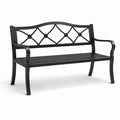 Banco de metal negro con respaldo decorativo