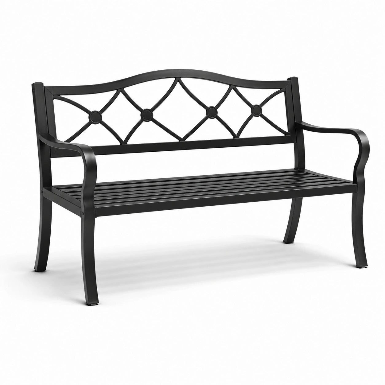 Banco de metal negro con respaldo decorativo