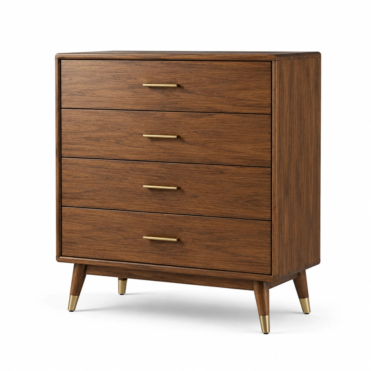 Cajonera de Madera de Nogal con 4 Cajones y Patas de Metal Dorado