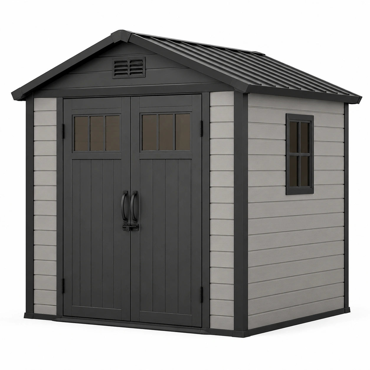 Cobertizo de jardín de resina con techo inclinado y puertas dobles 185x152x226 cm gris oscuro/beige