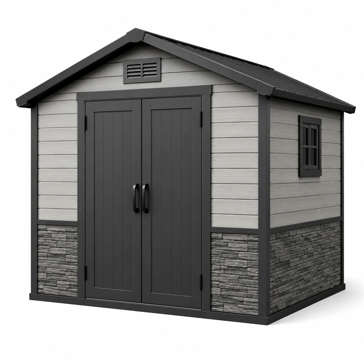 Cobertizo de jardín de resina con techo a dos aguas y puerta doble 230x225x252 cm gris y negro
