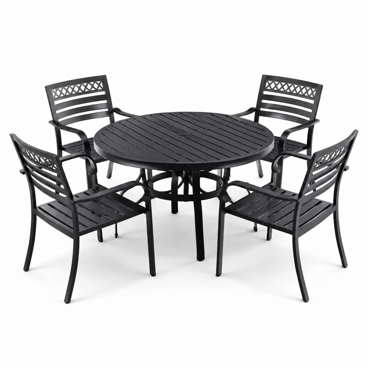 Conjunto de mobiliario exterior de aluminio negro con mesa redonda y 4 sillas