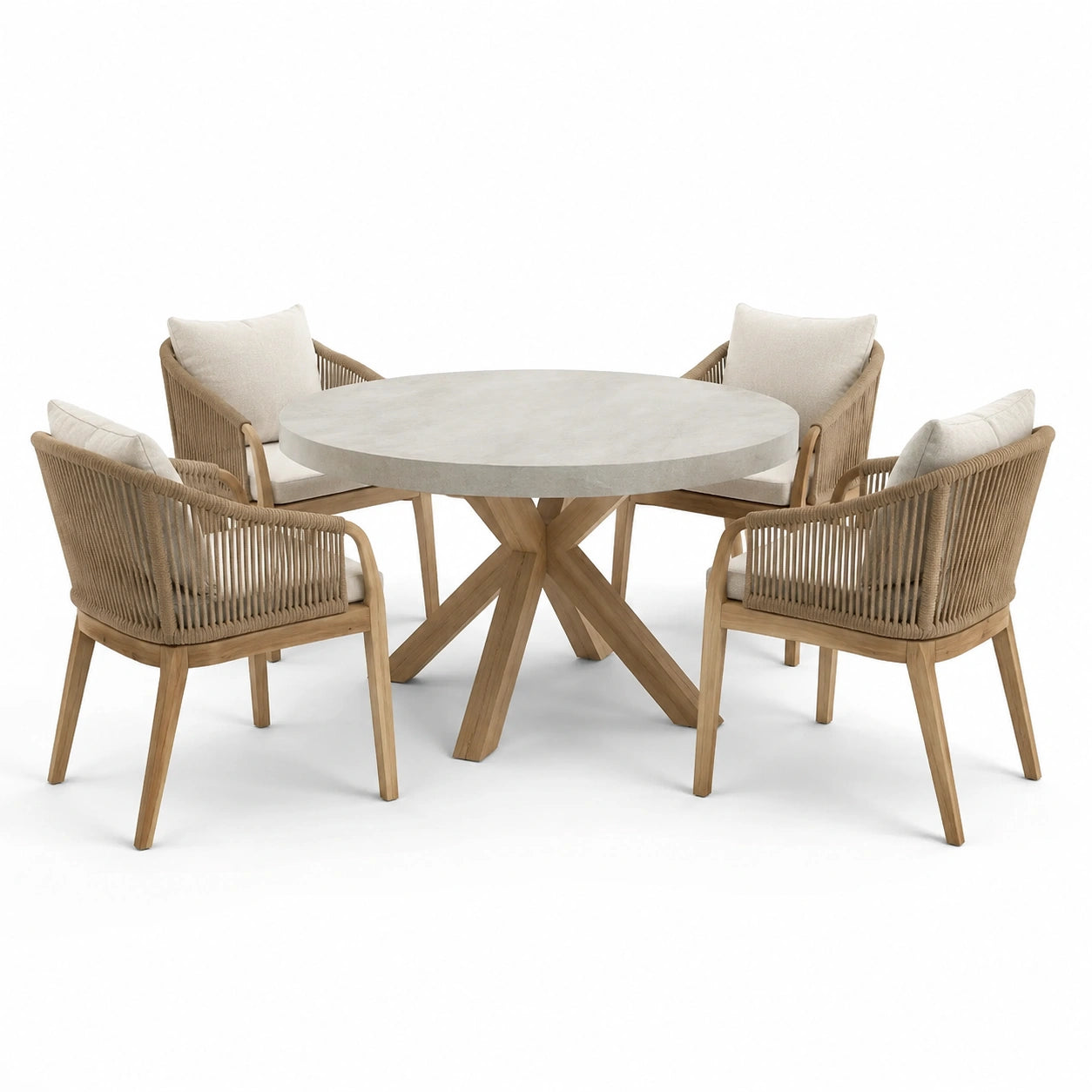 Conjunto de comedor al aire libre de teca y concreto con sillas de cuerda y cojines beige