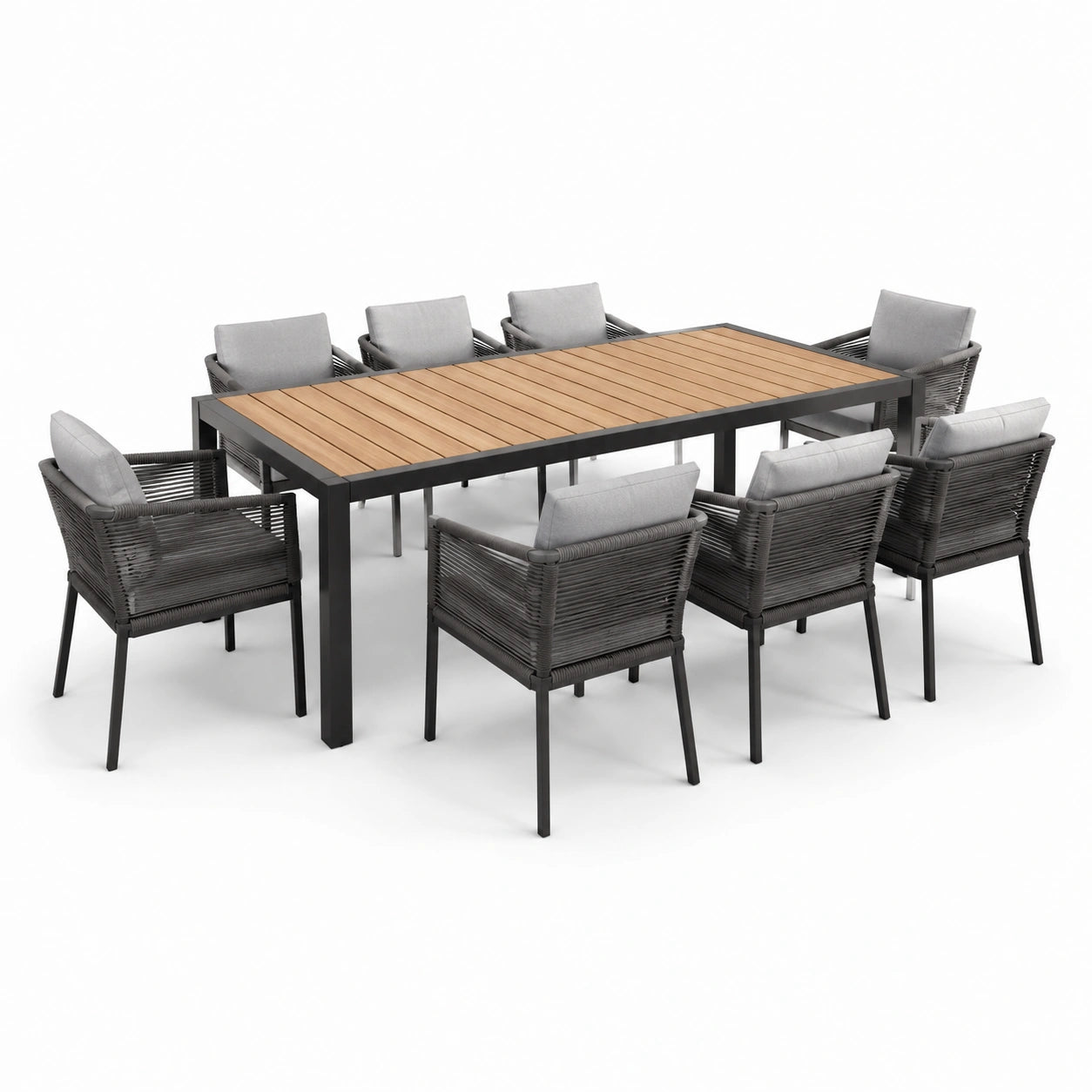 Conjunto de comedor de exterior aluminio y madera de teca con 8 sillas y cojines gris claro