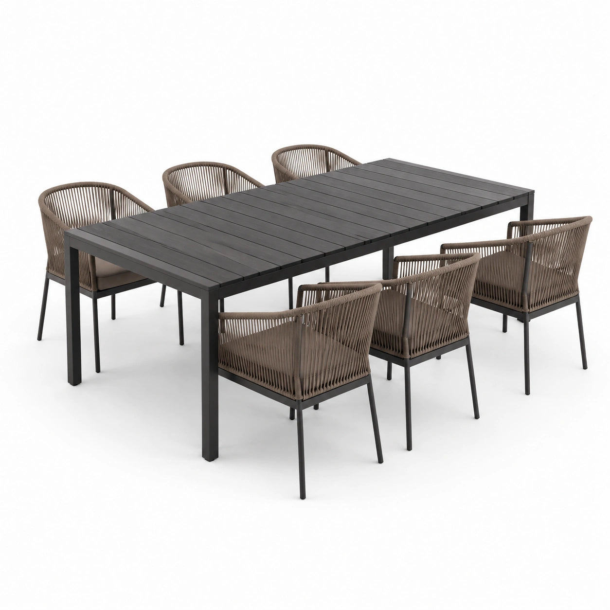 Juego de comedor exterior de aluminio negro y sillas marrones de cuerda